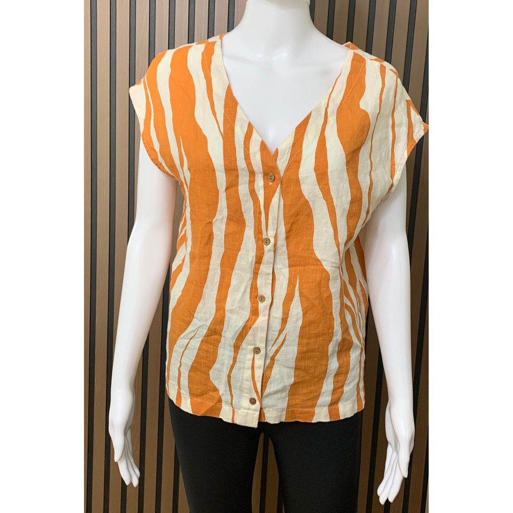 Rachel Zoe Orange Zebra Print 100% Linen V-Neck Button Front Blouse Top Small